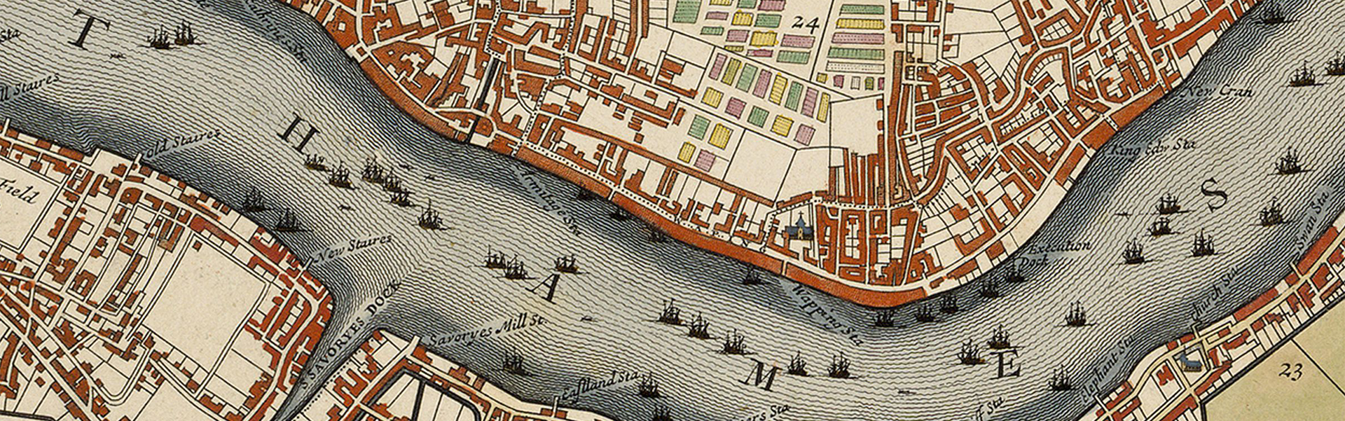 An early modern map featuring a bend in the Thames River, drawn with tightly rippling waves and rust-colored blocks highlighting populated areas on shore. Thames is written in all capital letters in the water, and ships float between the capitalized letters. 