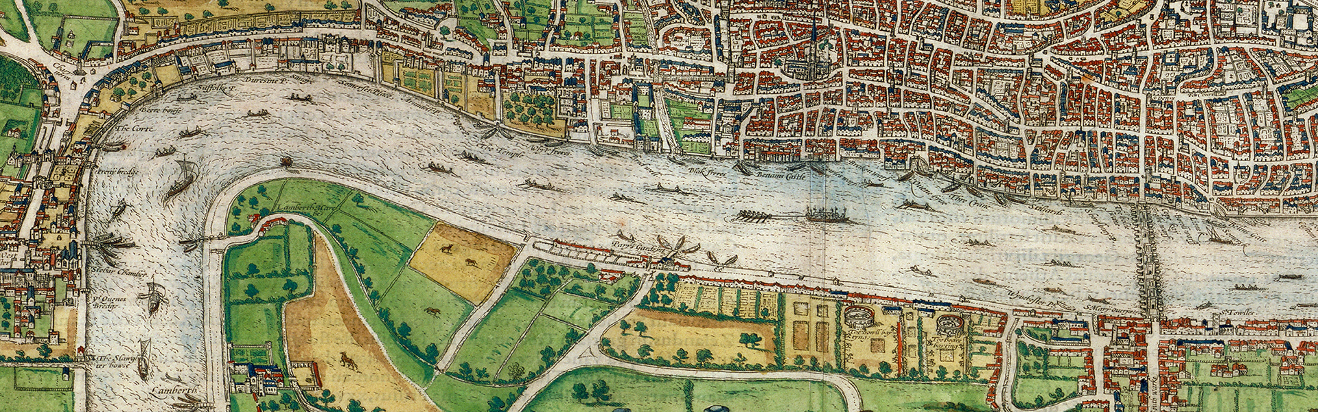 A hand-colored early modern map from 1574 of the Thames River dotted with boats. The more populated part of London is on the northern bank with numerous buildings, and the southern bank of the river shows large green and yellow fields with some houses. 