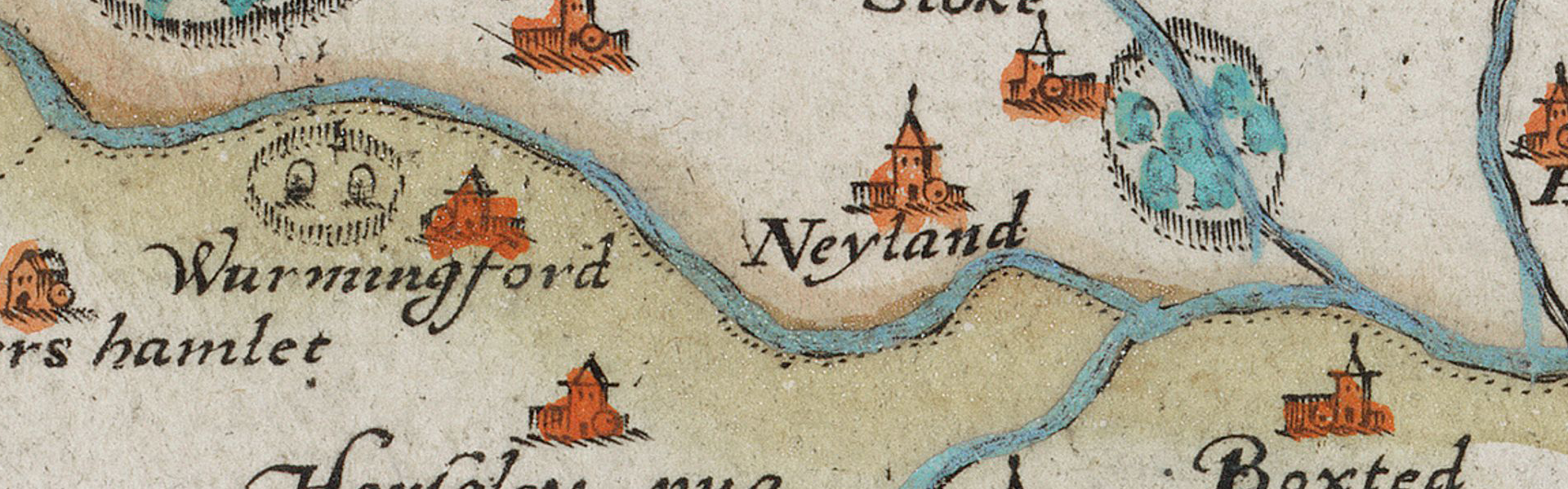 An early modern map displaying several towns along a light blue river. The towns each have bright orange buildings, marking their locations with names in neat calligraphy below. 