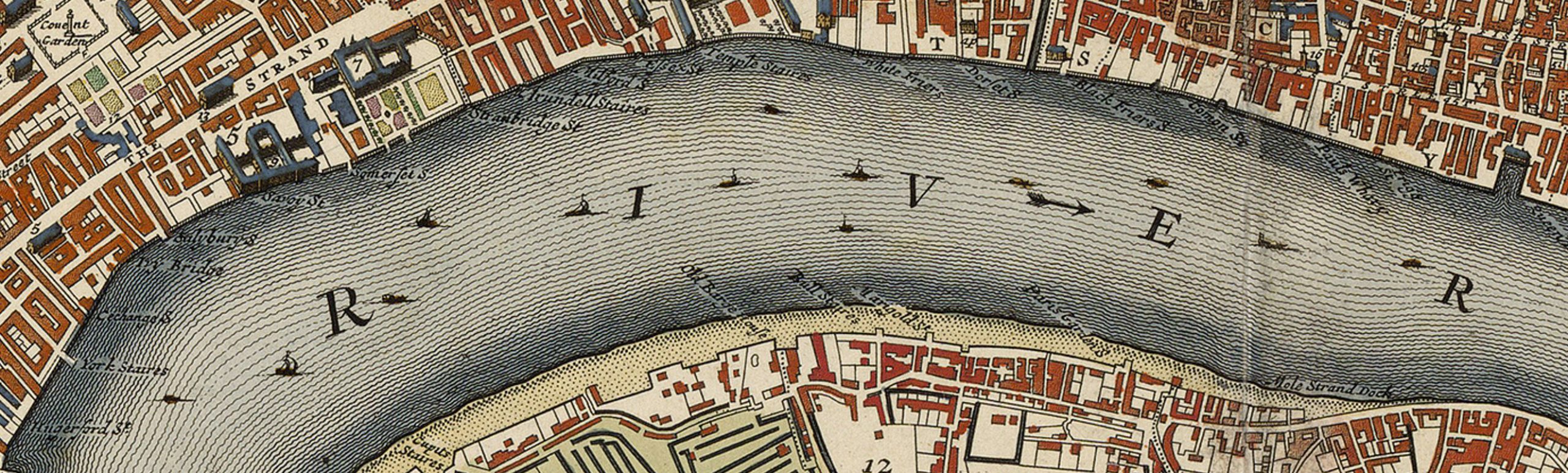An early modern map featuring a bend in the Thames River, drawn with tightly rippling waves and rust-colored blocks highlighting populated areas on shore. River is written in all capital letters in the water, and ships float between the capitalized letters. 
