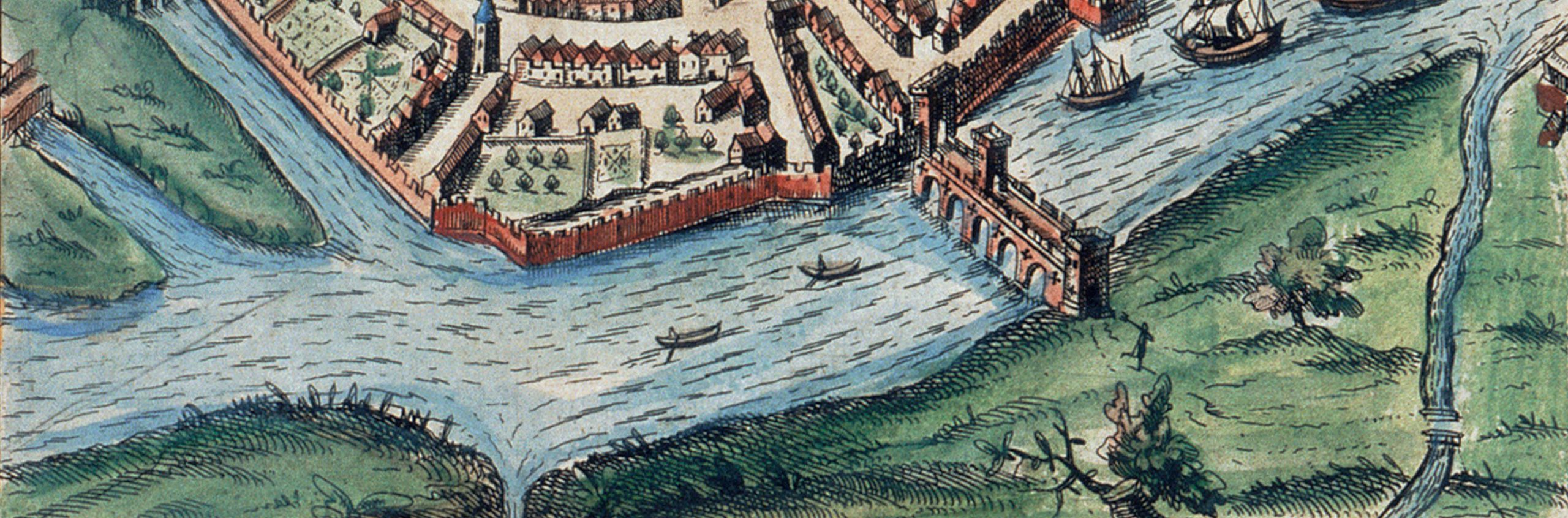 A portion of a hand-colored early modern map shows a blue river that runs along a walled city on one side and unpopulated green fields on the other side.  