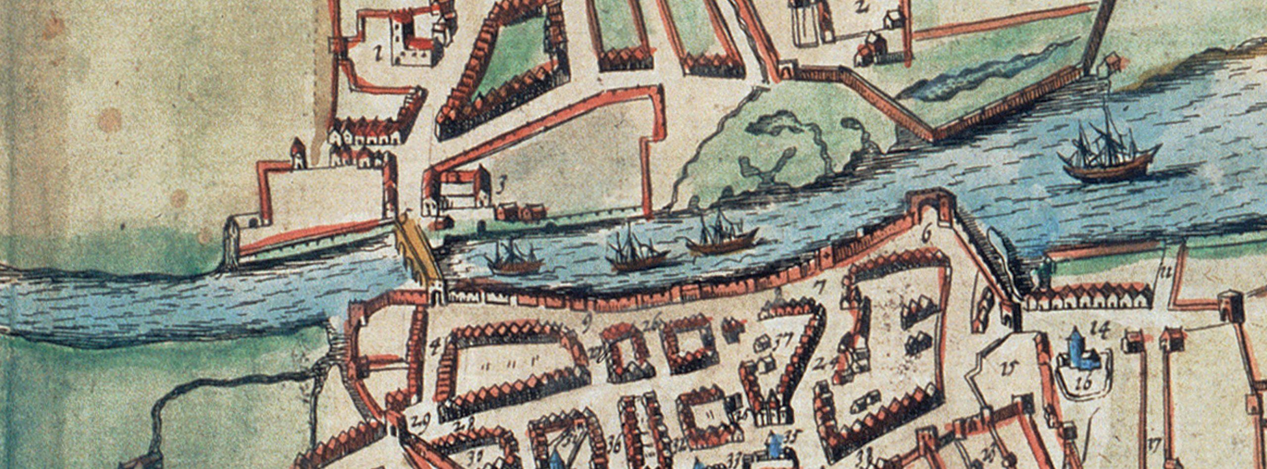 Part of a hand-colored early modern map in red, blue, green, and beige that depicts a river running through a populated area. Four ships float in the river. 