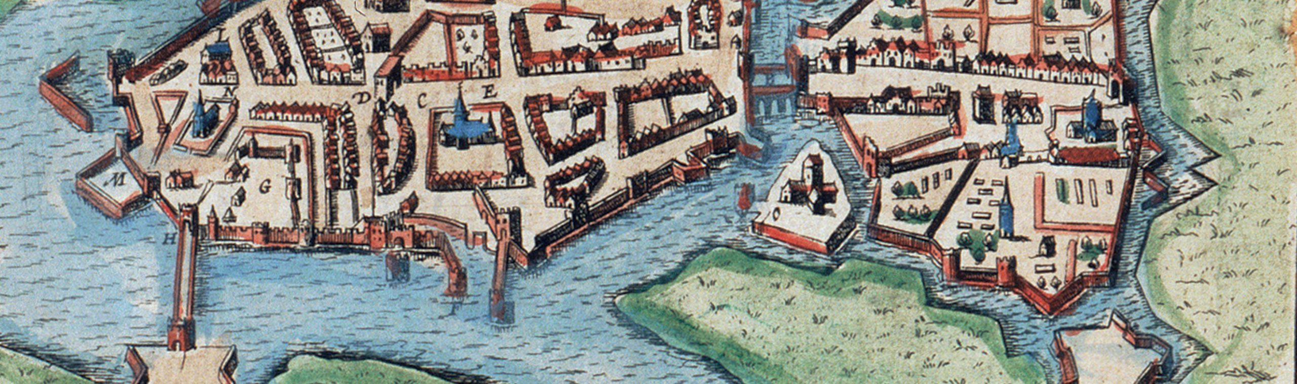 A portion of an early modern map, brightly colored with blue, red, beige, and green, that depicts a walled portion of Limerick, Ireland, surrounded by water. 