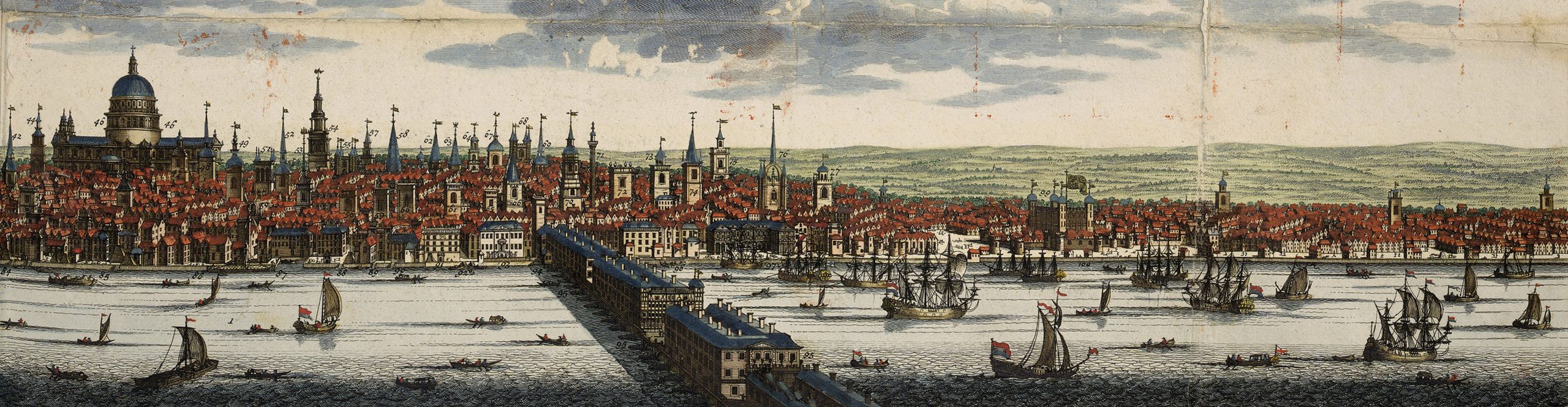 A hand-colored early modern map showing a side-view perspective of London. The map shows the Old London Bridge and the blue and rust-colored roofs and steeples of buildings across the river, with numerous boats floating in the water. 