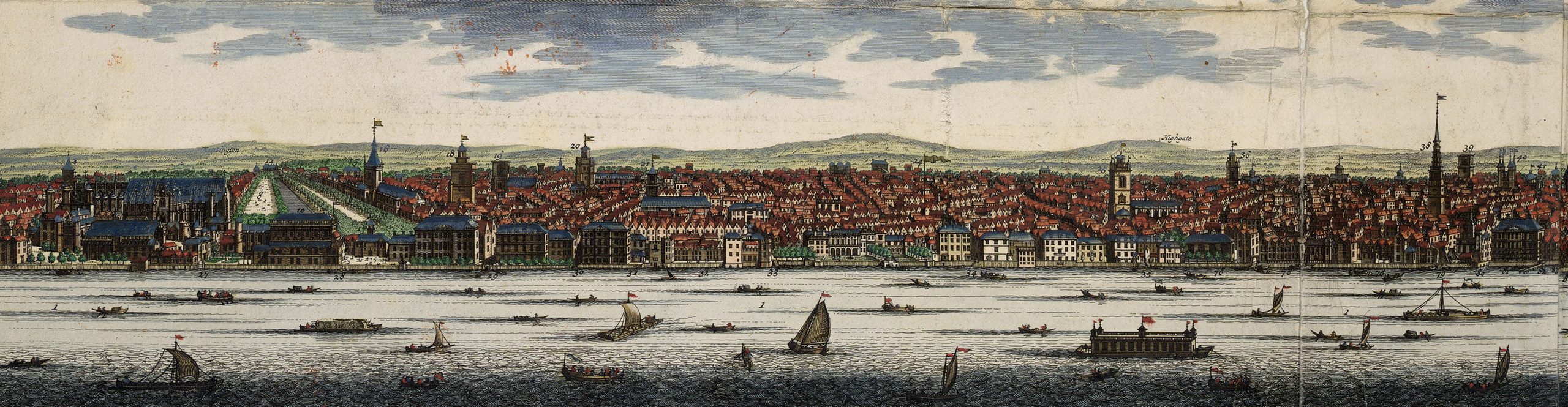 A hand-colored early modern map showing a side-view perspective of London and the Thames River in front of the city. There are many boats of various sizes floating in the water.